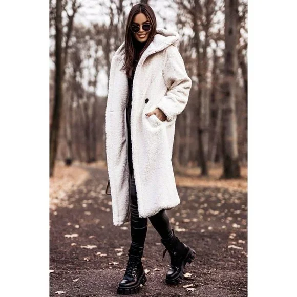 1 DAY SALE! Long Sleeve Hoodie Hooded Long Maxi Borg Teddy Bear Fur Coat - Picture 12 of 15